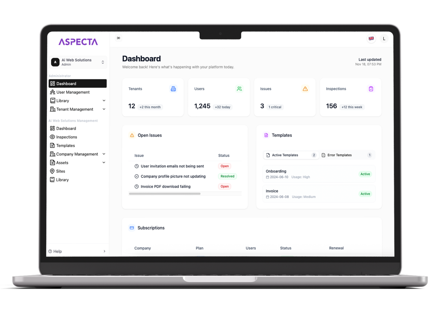 Aspecta – Multi-Tenant Safety, Compliance and Inspection Management Platform